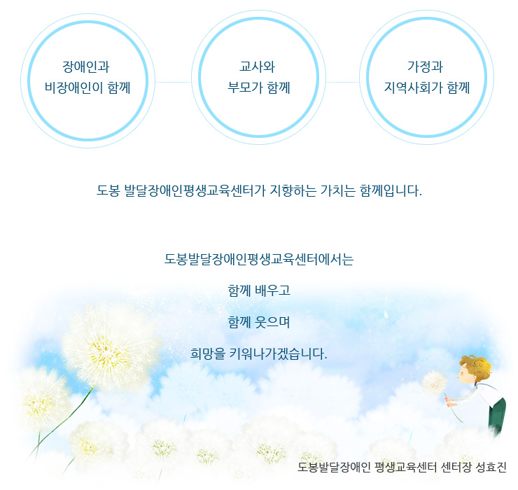 장애인과 비장애인이 함께 교사와 부모가 함께 가정과 지역사회가 함께 도봉 발달장애인평생교육센터가 지향하는 가치는 함께입니다.